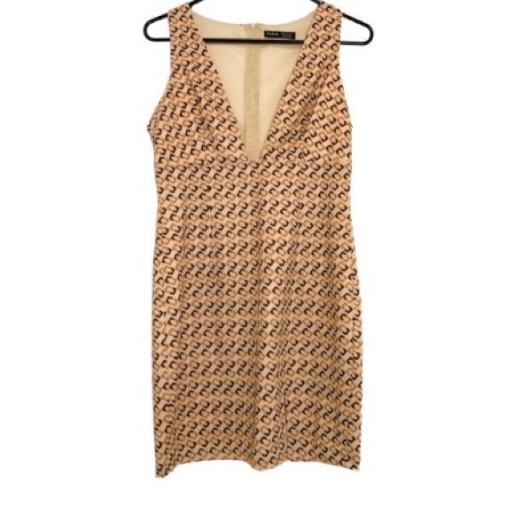 SHEIN Brown & Tan Deep-V Sleeveless Mini Dress With Front Slit - Size 6 - Picture 2 of 9